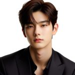 A young man with styled dark hair wears a black suit and shirt, posing against a plain white background with a neutral expression.